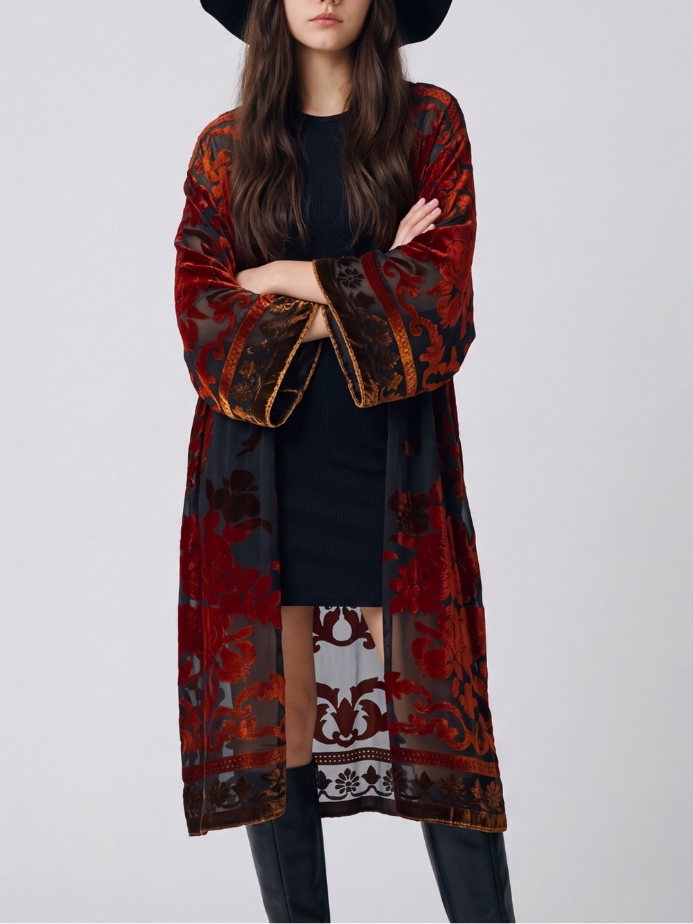 Anis.A Burnout Velvet Kimono Duster Silk Whimsigoth Boho Fall witchy cover up
